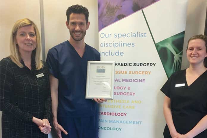 Picture shows: Matt Gurney, European Veterinary Specialist in Anaesthesia and Analgesia (centre) with Kathryn Humphreys, Head of Nursing, (right), Jenny Pearson, support Services Manager, (left) with the RCVS Hospital Accreditation.